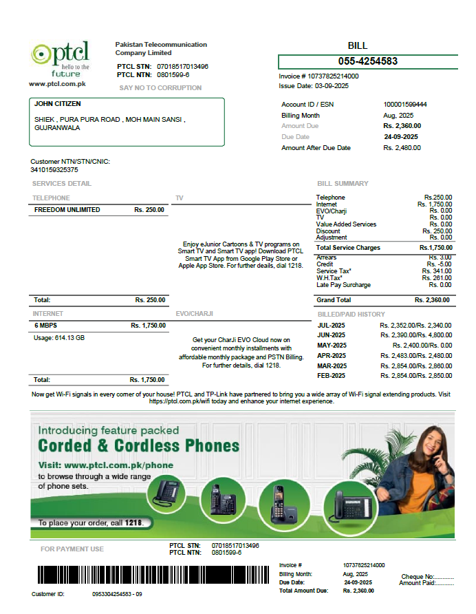 Pakistan PTCL utility bill template in Word and PDF formats